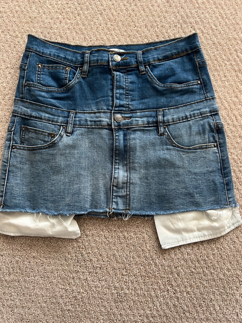 Fashion Nova Two-Tone Blue Denim Mini Skirt with Raw Edge